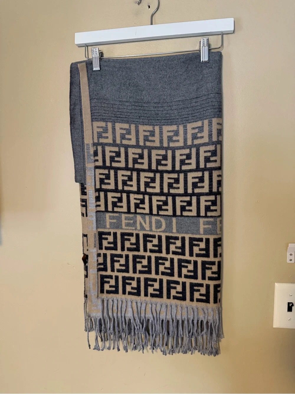 Designer Style Monogram Fringe Scarf in Cashmere and Silk